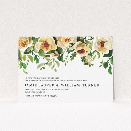 Wedding Invite Card Design - "Rose Garden Wall" A wedding invite card template titled "Rose Garden Wall". It is an A5 invite in a landscape orientation. "Rose Garden Wall" is available as a flat invite, with mainly pink colouring.