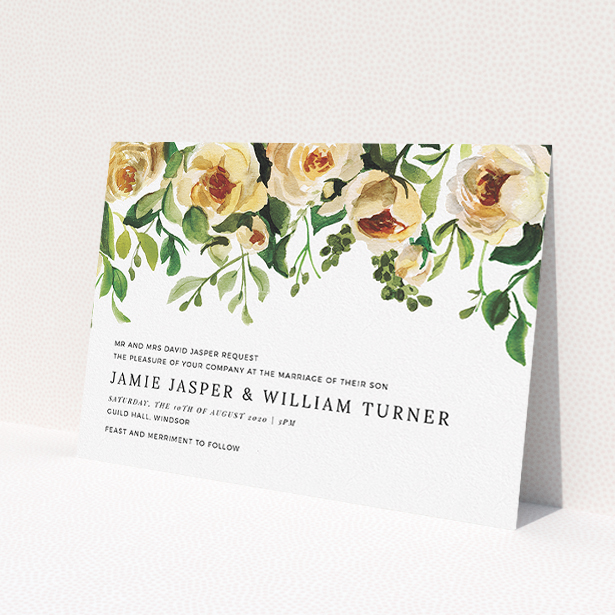 A wedding invite card template titled "Rose Garden Wall". It is an A5 invite in a landscape orientation. "Rose Garden Wall" is available as a flat invite, with mainly pink colouring.