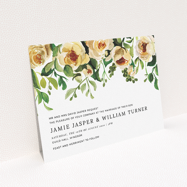 A wedding invite card template titled "Rose Garden Wall". It is an A5 invite in a landscape orientation. "Rose Garden Wall" is available as a flat invite, with mainly pink colouring.