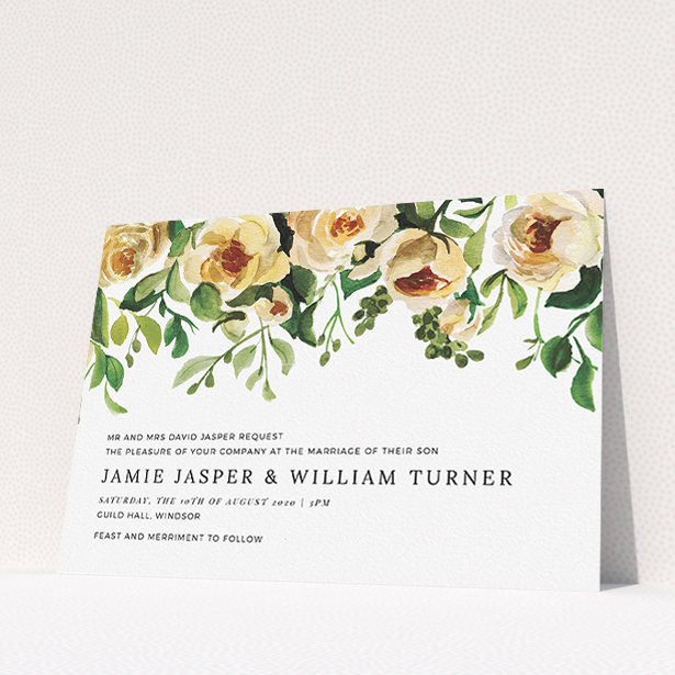 A wedding invite card template titled "Rose Garden Wall". It is an A5 invite in a landscape orientation. "Rose Garden Wall" is available as a flat invite, with mainly pink colouring.