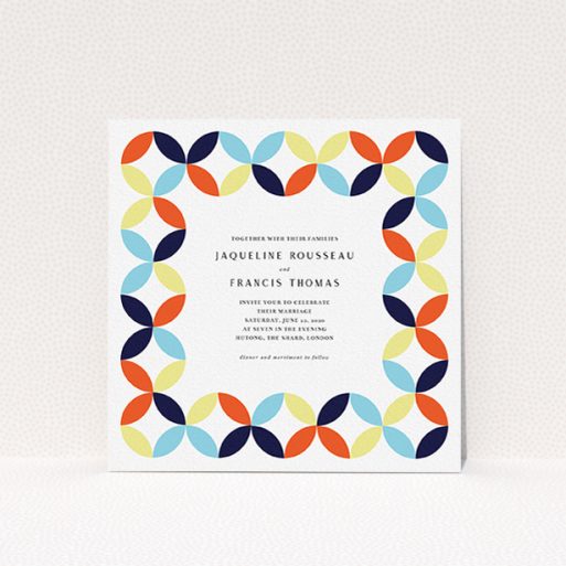 Wedding Invite Card Design - "Round and Round" A wedding invite card design named "Round and Round". It is a square (148mm x 148mm) invite in a square orientation. "Round and Round" is available as a flat invite, with mainly light blue colouring.