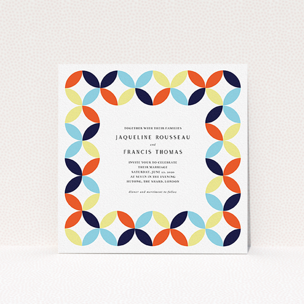 A wedding invite card design named "Round and Round". It is a square (148mm x 148mm) invite in a square orientation. "Round and Round" is available as a flat invite, with mainly light blue colouring.