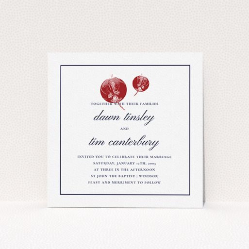 Wedding Invitation Card - Shanghai Nights (Navy Blue) A wedding invite card design titled "Shanghai Nights". It is a square (148mm x 148mm) invite in a square orientation. "Shanghai Nights" is available as a flat invite, with tones of white, red and midnight blue.