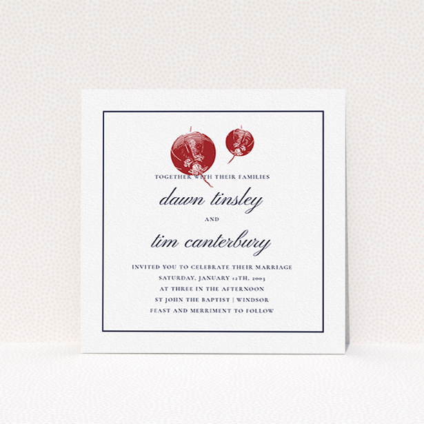 A wedding invite card design titled "Shanghai Nights". It is a square (148mm x 148mm) invite in a square orientation. "Shanghai Nights" is available as a flat invite, with tones of white, red and midnight blue.