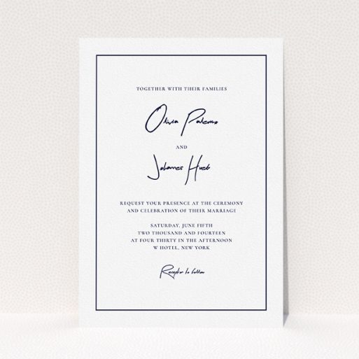 Personalised Wedding Invitation - Signature Script (Navy Blue) A wedding invite card template titled "Signature script". It is an A5 invite in a portrait orientation. "Signature script" is available as a flat invite, with mainly white colouring.