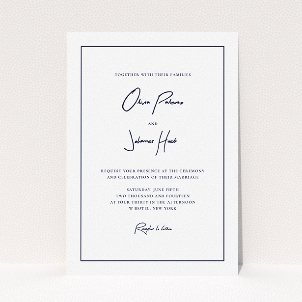 A wedding invite card template titled "Signature script". It is an A5 invite in a portrait orientation. "Signature script" is available as a flat invite, with mainly white colouring.