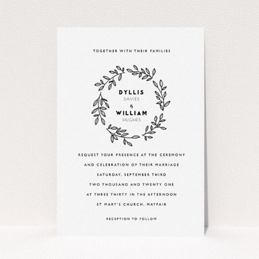 Wedding Invite Card Design - "Simple Wreath" A wedding invite card called "Simple Wreath". It is an A5 invite in a portrait orientation. "Simple Wreath" is available as a flat invite, with tones of white and black.