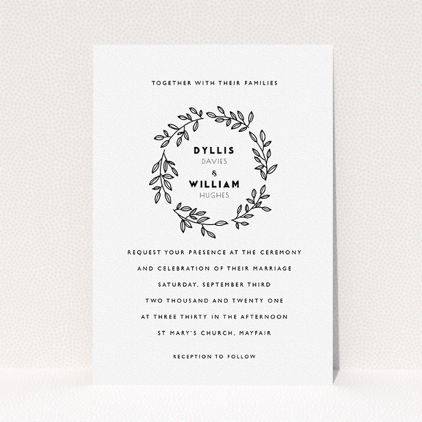 A wedding invite card called "Simple Wreath". It is an A5 invite in a portrait orientation. "Simple Wreath" is available as a flat invite, with tones of white and black.