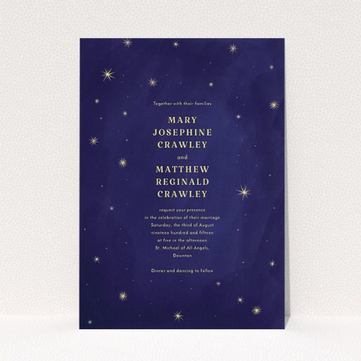 Wedding Invite Card Design - "Sky at night" A wedding invite card called "Sky at night". It is an A5 invite in a portrait orientation. "Sky at night" is available as a flat invite, with tones of dark blue and yellow.