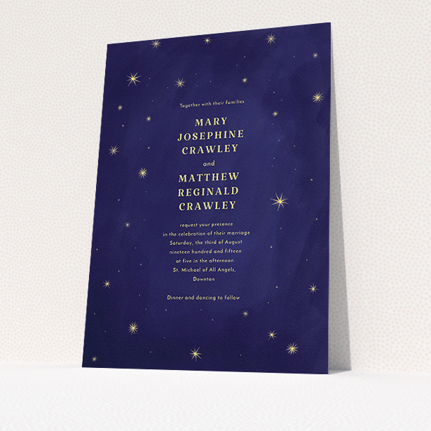 A wedding invite card called "Sky at night". It is an A5 invite in a portrait orientation. "Sky at night" is available as a flat invite, with tones of dark blue and yellow.