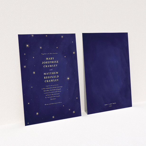 A wedding invite card called "Sky at night". It is an A5 invite in a portrait orientation. "Sky at night" is available as a flat invite, with tones of dark blue and yellow.