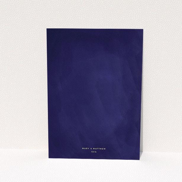 A wedding invite card called "Sky at night". It is an A5 invite in a portrait orientation. "Sky at night" is available as a flat invite, with tones of dark blue and yellow.