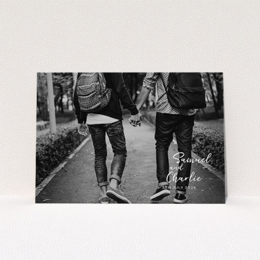 Wedding Invite Card Design - "Soho Script" A wedding invite card design called "Soho Script". It is an A5 invite in a landscape orientation. It is a photographic wedding invite card with room for 1 photo. "Soho Script" is available as a flat invite, with mainly white colouring.