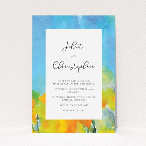 Wedding Invite Card Design - "Sunny Meadow" A wedding invite card design titled "Sunny Meadow". It is an A5 invite in a portrait orientation. "Sunny Meadow" is available as a flat invite, with tones of blue, yellow and orange.