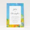 A wedding invite card design titled "Sunny Meadow". It is an A5 invite in a portrait orientation. "Sunny Meadow" is available as a flat invite, with tones of blue, yellow and orange.