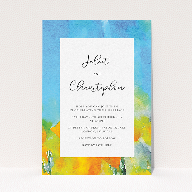 A wedding invite card design titled "Sunny Meadow". It is an A5 invite in a portrait orientation. "Sunny Meadow" is available as a flat invite, with tones of blue, yellow and orange.