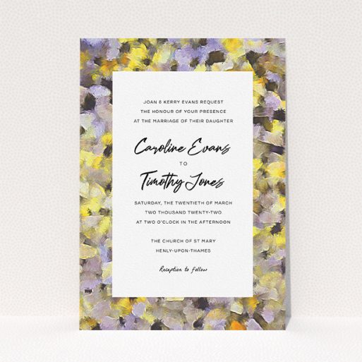 Wedding Invite Card Design - "Sunrise Oils" A wedding invite card named "Sunrise Oils". It is an A5 invite in a portrait orientation. "Sunrise Oils" is available as a flat invite, with tones of yellow, light purple and grey.