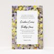 A wedding invite card named "Sunrise Oils". It is an A5 invite in a portrait orientation. "Sunrise Oils" is available as a flat invite, with tones of yellow, light purple and grey.