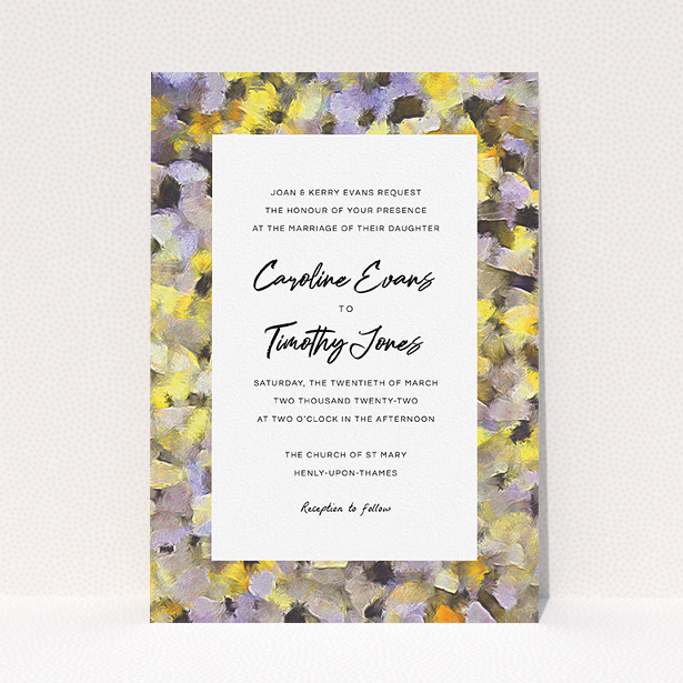 A wedding invite card named "Sunrise Oils". It is an A5 invite in a portrait orientation. "Sunrise Oils" is available as a flat invite, with tones of yellow, light purple and grey.