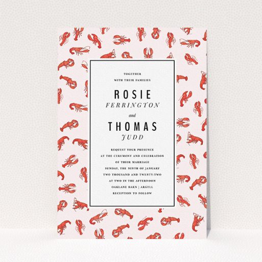 Wedding Invite Card Design - "Tiny, Tiny Lobsters" A wedding invite card named "Tiny, Tiny Lobsters". It is an A5 invite in a portrait orientation. "Tiny, Tiny Lobsters" is available as a flat invite, with tones of red and pink.