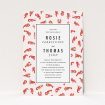 A wedding invite card named "Tiny, Tiny Lobsters". It is an A5 invite in a portrait orientation. "Tiny, Tiny Lobsters" is available as a flat invite, with tones of red and pink.