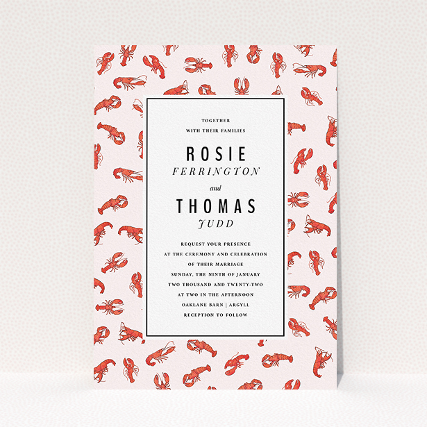 A wedding invite card named "Tiny, Tiny Lobsters". It is an A5 invite in a portrait orientation. "Tiny, Tiny Lobsters" is available as a flat invite, with tones of red and pink.