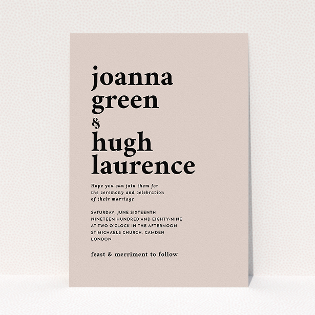 A wedding invite card called "To the left". It is an A5 invite in a portrait orientation. "To the left" is available as a flat invite, with mainly dark cream colouring.