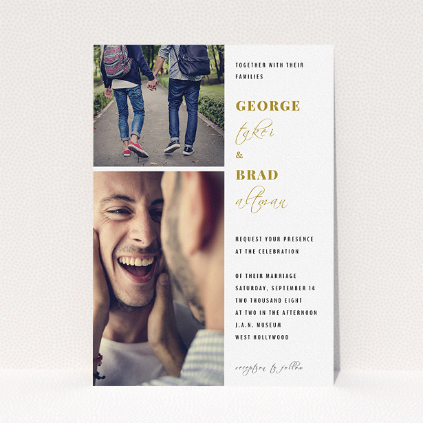 A wedding invite card design titled "Together again". It is an A5 invite in a portrait orientation. It is a photographic wedding invite card with room for 2 photos. "Together again" is available as a flat invite, with tones of white and gold.