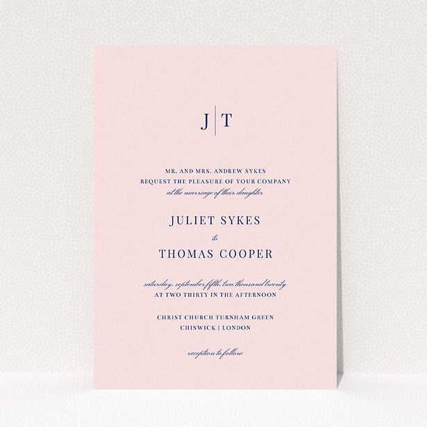 A wedding invite card design titled "Tradition in Pink". It is an A5 invite in a portrait orientation. "Tradition in Pink" is available as a flat invite, with mainly pink colouring.