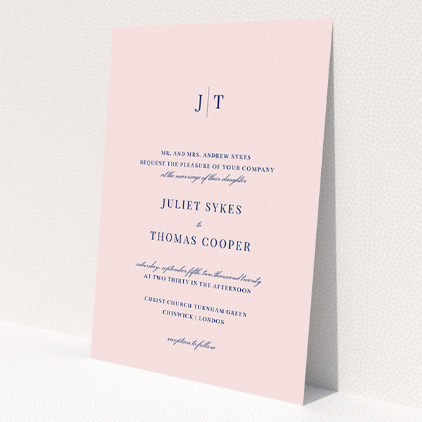 A wedding invite card design titled "Tradition in Pink". It is an A5 invite in a portrait orientation. "Tradition in Pink" is available as a flat invite, with mainly pink colouring.