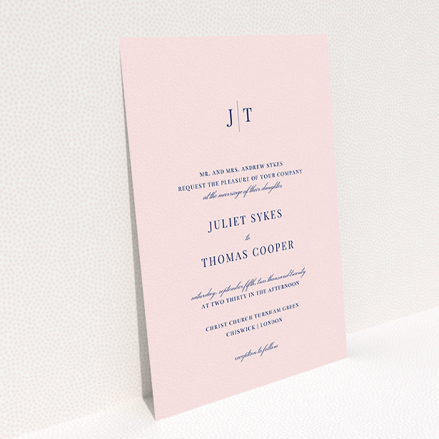 A wedding invite card design titled "Tradition in Pink". It is an A5 invite in a portrait orientation. "Tradition in Pink" is available as a flat invite, with mainly pink colouring.