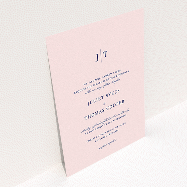 A wedding invite card design titled "Tradition in Pink". It is an A5 invite in a portrait orientation. "Tradition in Pink" is available as a flat invite, with mainly pink colouring.