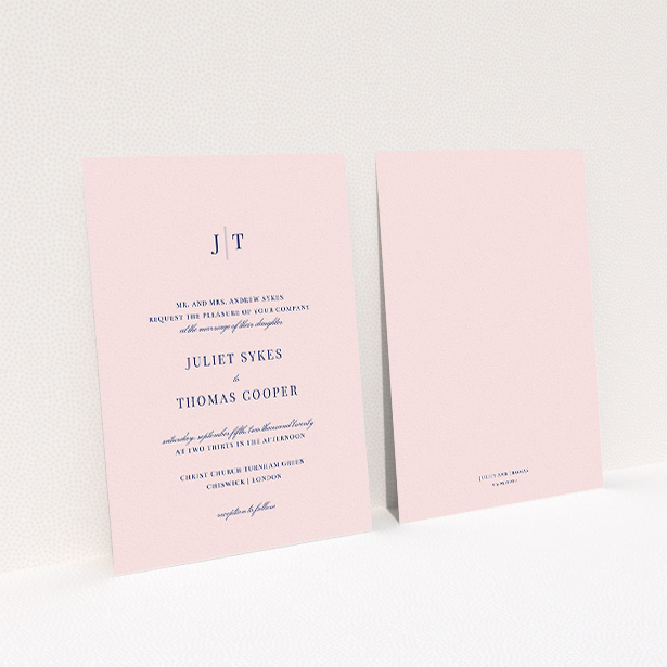 A wedding invite card design titled "Tradition in Pink". It is an A5 invite in a portrait orientation. "Tradition in Pink" is available as a flat invite, with mainly pink colouring.