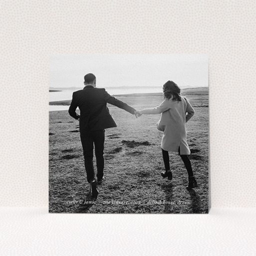 Wedding Invite Card Design - "Tradition with Photo" A wedding invite card named "Tradition with Photo". It is a square (148mm x 148mm) invite in a square orientation. It is a photographic wedding invite card with room for 1 photo. "Tradition with Photo" is available as a flat invite, with mainly white colouring.