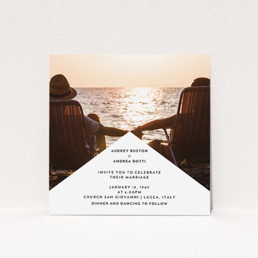 Wedding Invite Card Design - "Triangle between us" A wedding invite card design titled "Triangle between us". It is a square (148mm x 148mm) invite in a square orientation. It is a photographic wedding invite card with room for 1 photo. "Triangle between us" is available as a flat invite, with mainly white colouring.