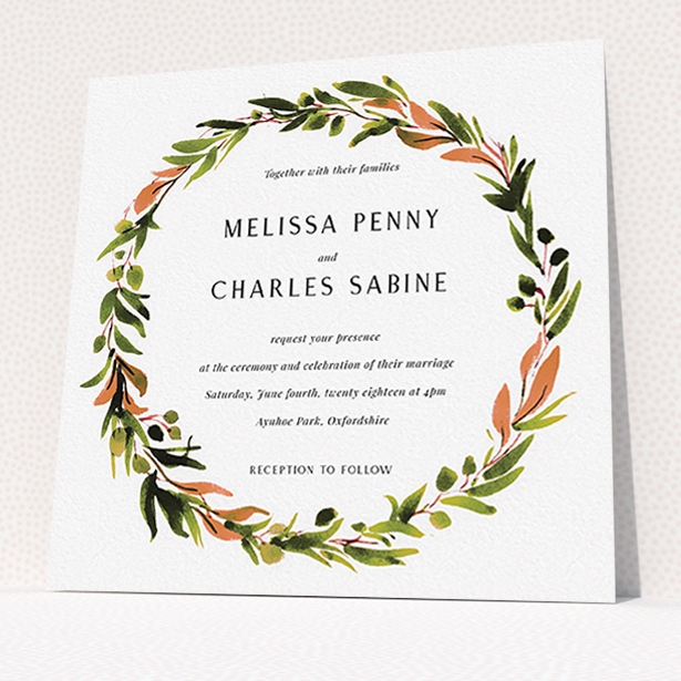 A wedding invite card design called "Watercolour Olive Wreath". It is a square (148mm x 148mm) invite in a square orientation. "Watercolour Olive Wreath" is available as a flat invite, with tones of green, dark green and terracotta.