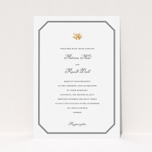 Wedding Invitation Card - Wedding Bells (Black) A wedding invite card called "Wedding bells". It is an A5 invite in a portrait orientation. "Wedding bells" is available as a flat invite, with tones of black and white.