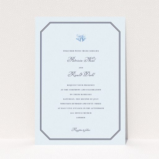 Personalised Wedding Invitation - Wedding Bells (Light Blue) A wedding invite card design named "Wedding bells". It is an A5 invite in a portrait orientation. "Wedding bells" is available as a flat invite, with mainly blue colouring.