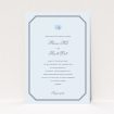 A wedding invite card design named "Wedding bells". It is an A5 invite in a portrait orientation. "Wedding bells" is available as a flat invite, with mainly blue colouring.