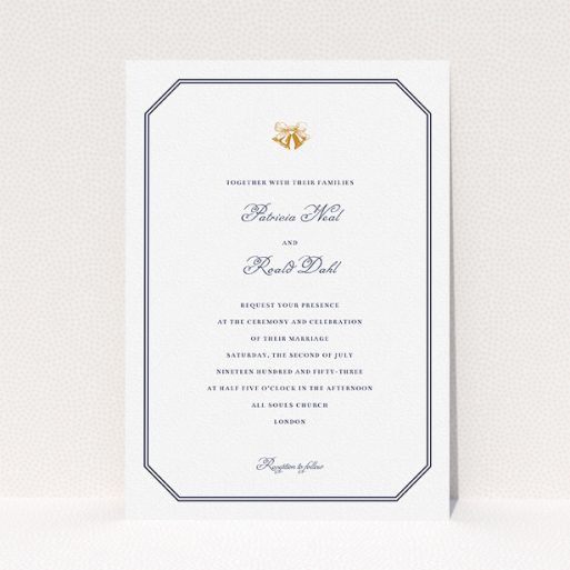 Personalised Wedding Invitation - Wedding Bells (Navy Blue) A wedding invite card named "Wedding bells". It is an A5 invite in a portrait orientation. "Wedding bells" is available as a flat invite, with tones of navy blue and white.