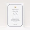 A wedding invite card named "Wedding bells". It is an A5 invite in a portrait orientation. "Wedding bells" is available as a flat invite, with tones of navy blue and white.