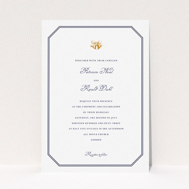 A wedding invite card named "Wedding bells". It is an A5 invite in a portrait orientation. "Wedding bells" is available as a flat invite, with tones of navy blue and white.