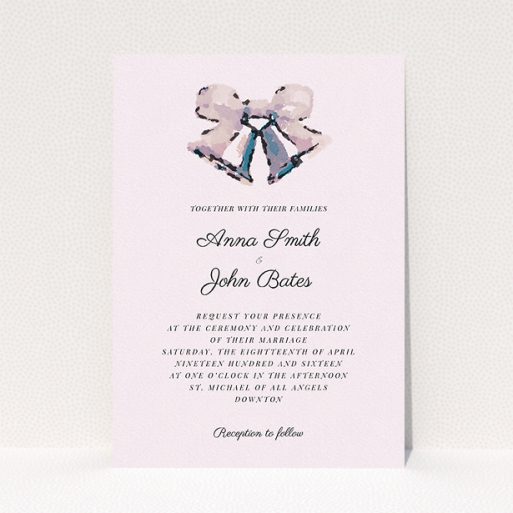 Wedding Invite Card Design - "Wedding bells" A wedding invite card called "Wedding bells". It is an A5 invite in a portrait orientation. "Wedding bells" is available as a flat invite, with tones of pink and light grey.