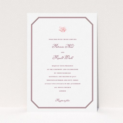 Personalised Wedding Invitation - Wedding Bells (Maroon) A wedding invite card design called "Wedding bells". It is an A5 invite in a portrait orientation. "Wedding bells" is available as a flat invite, with tones of white and burgundy.