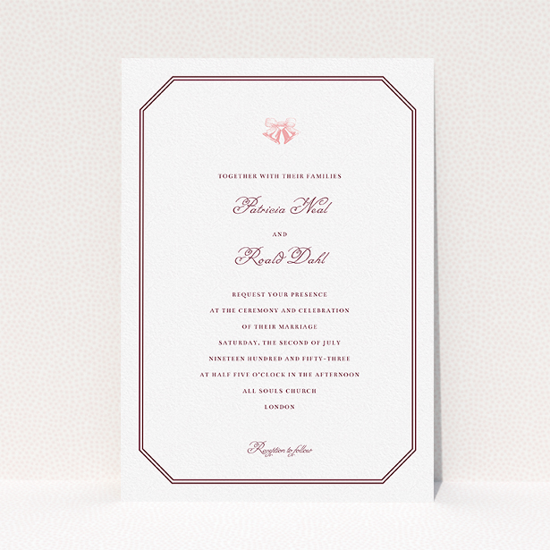 A wedding invite card design called "Wedding bells". It is an A5 invite in a portrait orientation. "Wedding bells" is available as a flat invite, with tones of white and burgundy.