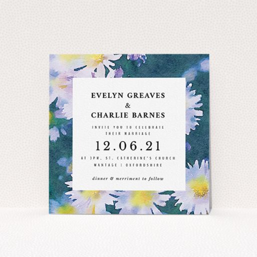 Wedding Invite Card Design - "White Daisies" A wedding invite card template titled "White Daisies". It is a square (148mm x 148mm) invite in a square orientation. "White Daisies" is available as a flat invite, with tones of deep green, white and yellow.
