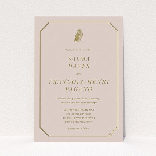 Wedding Invite Card Design - "Wise old owl" A wedding invite card called "Wise old owl". It is an A5 invite in a portrait orientation. "Wise old owl" is available as a flat invite, with mainly dark cream colouring.