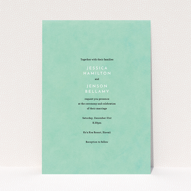 A wedding invite card design named "Worn Green". It is an A5 invite in a portrait orientation. "Worn Green" is available as a flat invite, with tones of green and white.