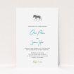 A wedding invite card design named "Zebra crossing". It is an A5 invite in a portrait orientation. "Zebra crossing" is available as a flat invite, with tones of white and blue.