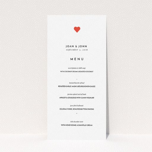 Wedding Menu Card Design - "A little heart" A wedding menu card design named "A little heart". It is a tall (DL) menu in a portrait orientation. "A little heart" is available as a flat menu, with tones of white and red.